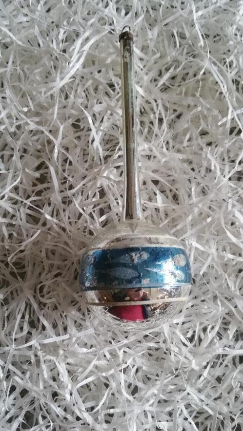 antieke kerstbal nr 380 model lange hals blauw met zilver, Diversen, Kerst, Gebruikt, Ophalen of Verzenden