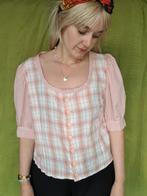 Vintage blouse - geruit - roze / wit - 40/42, Kleding | Dames, Ophalen of Verzenden
