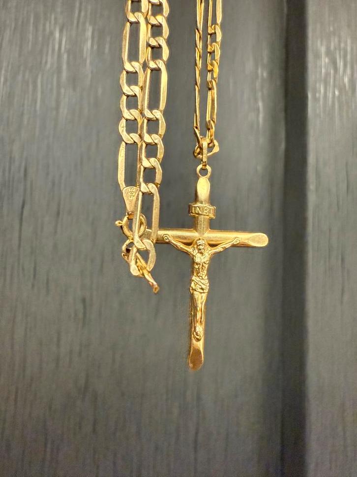 Prachtige 14 kataats gouden FIGARO ketting met kruis, Sieraden, Tassen en Uiterlijk, Kettingen, Goud, Ophalen of Verzenden