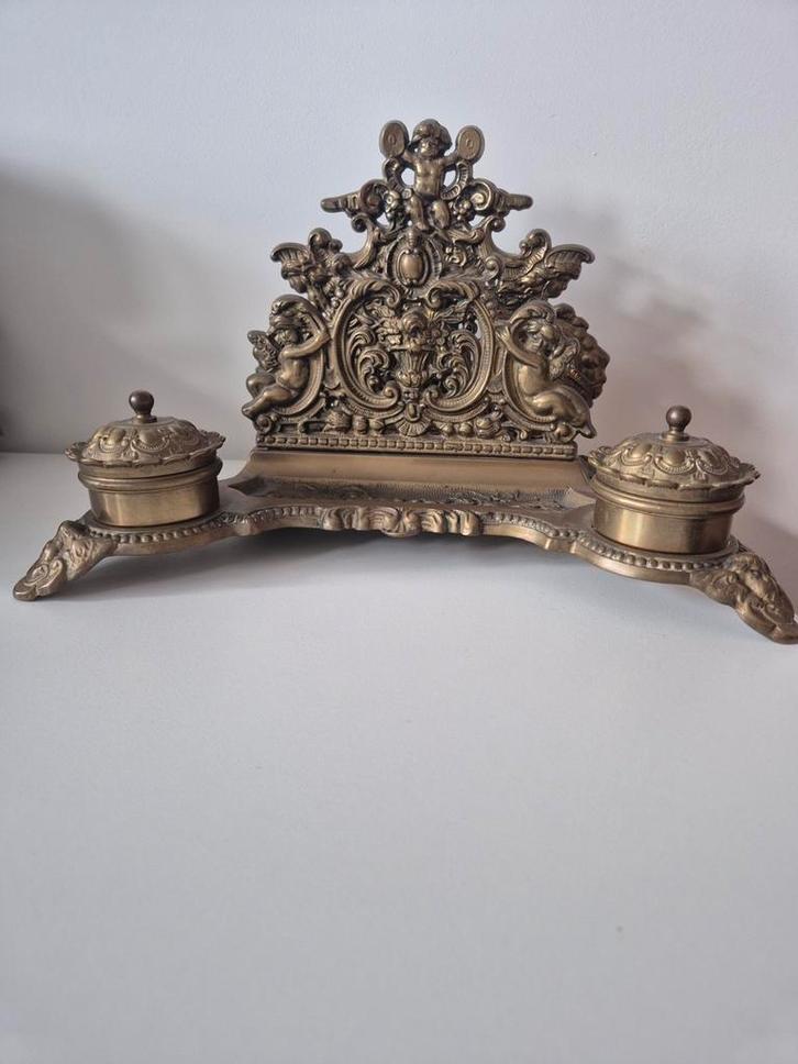 Antieke Briefhouder met Inktpotten (brons/messing) inktstel, Antiek en Kunst, Antiek | Kantoor en Zakelijk, Ophalen of Verzenden