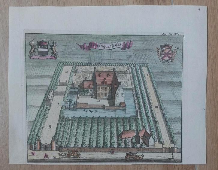 7 / Huis voor Haute bij Baarland gekleurde gravure uit 1696, Antiek en Kunst, Kunst | Etsen en Gravures, Ophalen of Verzenden