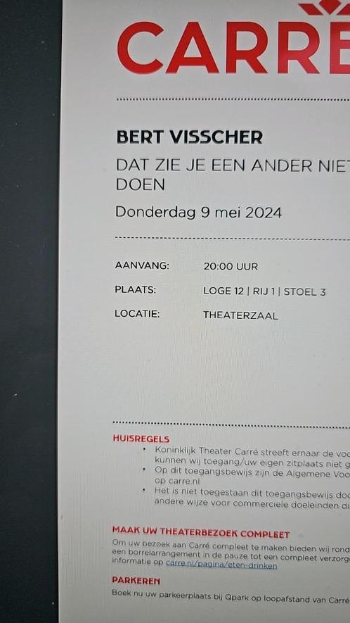 2 Toegangskaartjes Bert Visscher te Carre Amsterdam, Tickets en Kaartjes, Theater | Cabaret en Komedie