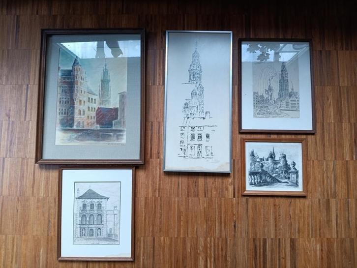 Set van 5 kunstwerken Antwerpen, gesigneerd, Antiek en Kunst, Kunst | Etsen en Gravures, Ophalen of Verzenden