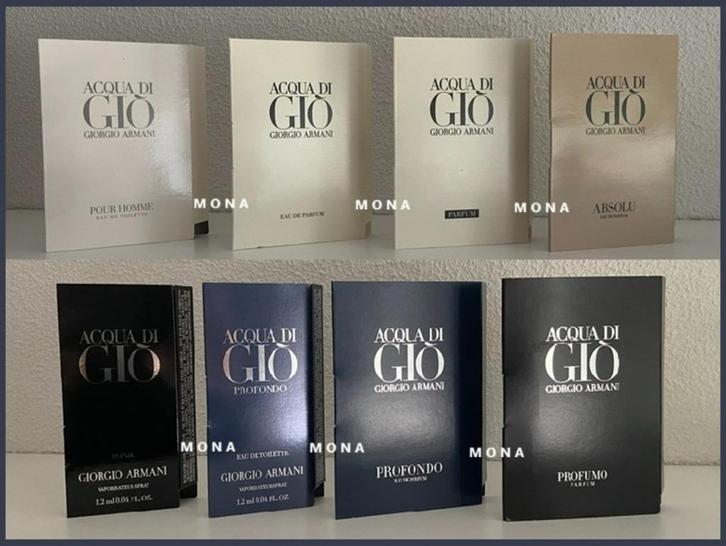 Acqua di Gió set 8 parfum samples proefjes testers monsters, Sieraden, Tassen en Uiterlijk, Uiterlijk | Parfum, Nieuw, Verzenden