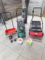 In één koop: elect. Grasmaaier, verticuteermach en strooi, Tuin en Terras, Grasmaaiers, Cirkelmaaier, Ophalen, Gebruikt