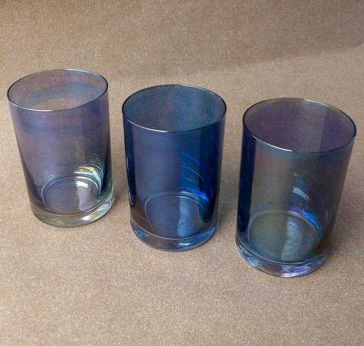 Maastricht glaasjes iriserend olieglans glazen gekleurd, Huis en Inrichting, Keuken | Servies, Gebruikt, Glas of Glazen, Effen