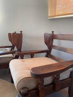 Vintage set massief eiken houten fauteuils, Ophalen, Vintage japandi brutalist, 75 tot 100 cm, Zo goed als nieuw
