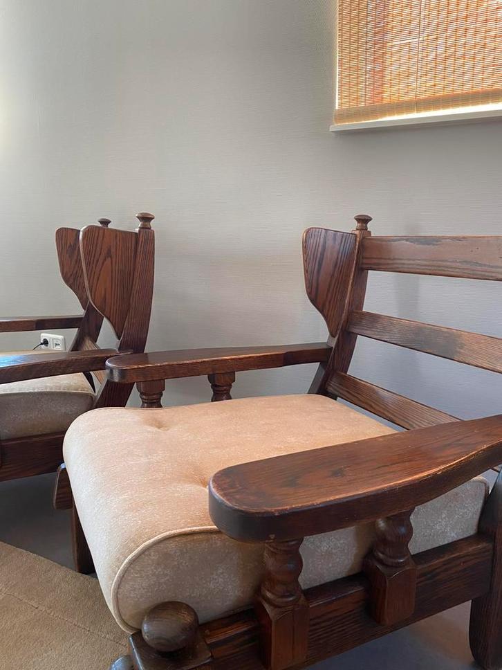 Vintage set massief eiken houten fauteuils, Huis en Inrichting, Fauteuils, Zo goed als nieuw, Hout, Stof, 75 tot 100 cm, 75 tot 100 cm