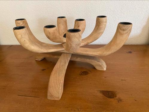 Mangohouten 8 armige kandelaar, Huis en Inrichting, Woonaccessoires | Kandelaars en Kaarsen, Gebruikt, 25 tot 50 cm, Hout, Bruin