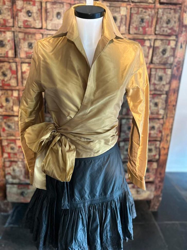 Pauw 100% zijde goudkleurige wikkelblouse mt 1 / 36, Kleding | Dames, Blouses en Tunieken, Zo goed als nieuw, Maat 36 (S), Ophalen of Verzenden