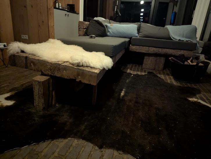 Gratis af te halen ! Houten Hoekbank incl bankkussens, Huis en Inrichting, Banken | Complete zithoeken, Gebruikt, Hout, Ophalen