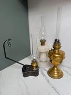 3 oude antieke koperen olielampen met glas, Ophalen of Verzenden