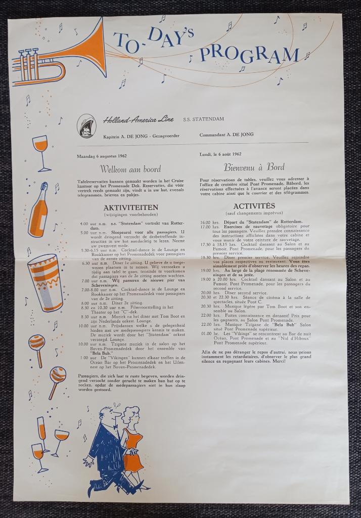 Flyer dagprogramma Holland Amerika Lijn - ss Statendam, Verzamelen, Scheepvaart, Gebruikt, Overige typen, Verzenden