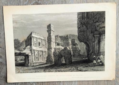 Excavated temple of Kylas caves of Ellora Temple 1834 India, Antiek en Kunst, Kunst | Etsen en Gravures, Ophalen of Verzenden
