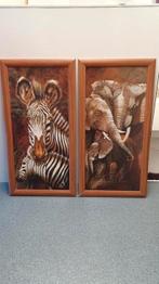 2 schilderijen met een Zebra en Olifanten 77 x 40, Ophalen, Minder dan 50 cm, Schilderij, Minder dan 50 cm