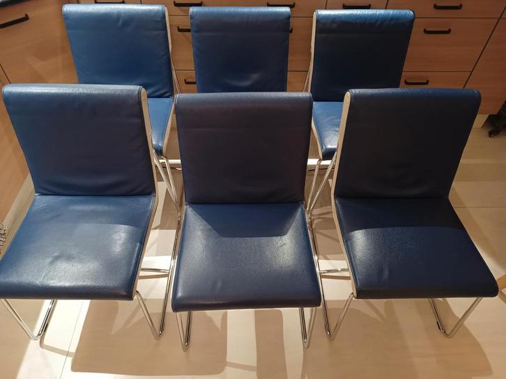 6 stuks Leolux Spring Dancer leer/chroom eetkamerstoelen, Huis en Inrichting, Stoelen, Gebruikt, Vijf, Zes of meer stoelen, Leer
