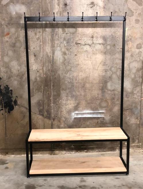 Stalen kapstok met licht eiken planken, Huis en Inrichting, Woonaccessoires | Kapstokken, Gebruikt, Wandkapstok, 150 tot 200 cm