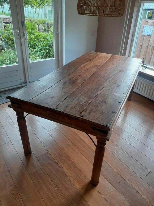 Stoere teakhouten tafel 210 x 100 cm. Evt met 6 stoelen., Huis en Inrichting, Tafels | Eettafels, Gebruikt, 100 tot 150 cm, 200 cm of meer