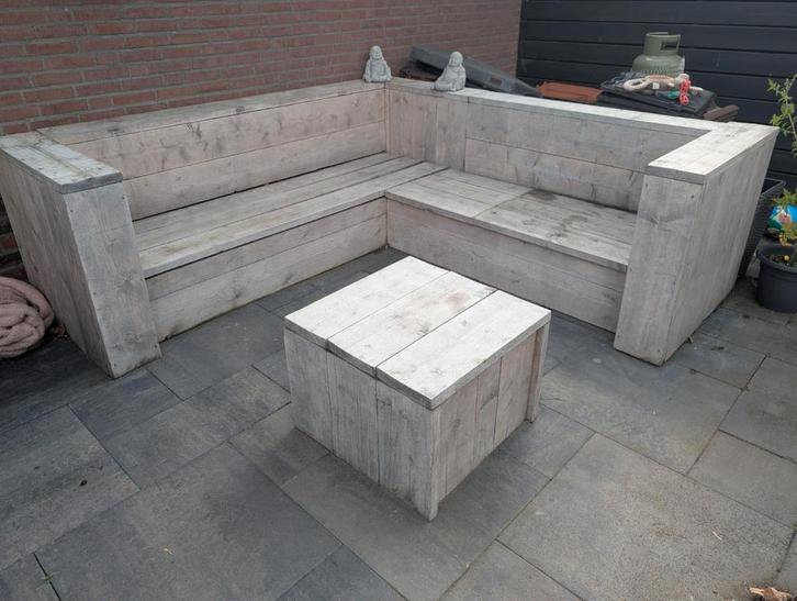 Steigerhouten Lounge hoek bank, Tuin en Terras, Tuinsets en Loungesets, Gebruikt, Loungeset, Steigerhout, 6 zitplaatsen, Bank