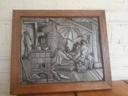 Zwaar tinnen wandbord Carl Spitzweg de arme dichter, Antiek en Kunst, Antiek | Wandborden en Tegels, Ophalen