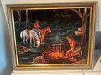 Vintage Schilderij: Cowboy bij Kampvuur, Ophalen of Verzenden