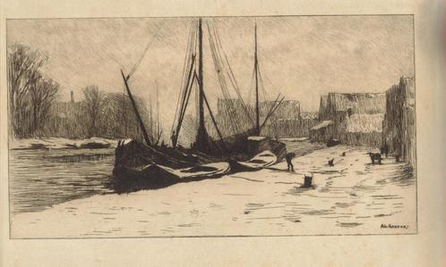 Anton Koster droge naald "Schip aan de Kade", Antiek en Kunst, Kunst | Etsen en Gravures, Ophalen