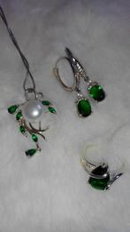 Ring, hanger, oorbellen 925 zilver met smaragd zirkonia p.st, Met edelsteen, Ophalen of Verzenden, Zo goed als nieuw, Groen