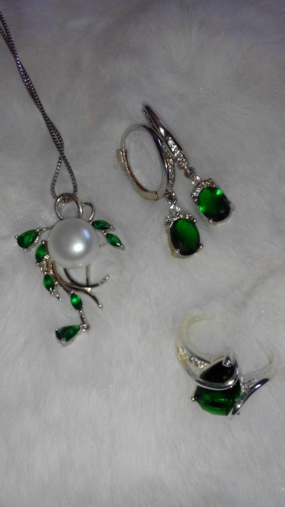 Ring, hanger, oorbellen 925 zilver met smaragd zirkonia p.st, Sieraden, Tassen en Uiterlijk, Kettingen, Zo goed als nieuw, Zilver