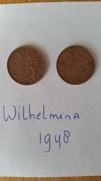 2 stuivers Wilhelmina, 1948, Koningin Wilhelmina, Ophalen of Verzenden, Losse munt, 5 cent