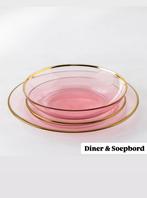 Roze (20) diner- en (20)soepborden van glas met gouden rand, Ophalen, ., ., Bord(en)