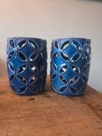 Set van 2 blauwe windlichten, Huis en Inrichting, Overige materialen, Blauw, Ophalen of Verzenden, Zo goed als nieuw