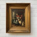 Oud schilderij portret vrouw kind hond huis tafereel, Antiek en Kunst, Kunst | Schilderijen | Klassiek, Verzenden