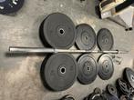 Olympische halter stang  met  70 kg bumperplates schijven, Sport en Fitness, Fitnessmaterialen, Ophalen, Gebruikt, Olympische stang