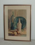 Aquarel  Stilleven met fruit en flessen ., Antiek en Kunst, Ophalen of Verzenden