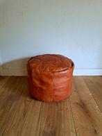 Vintage marokkaanse poef cognac leer, Minder dan 50 cm, Vintage boho, Rond, Ophalen of Verzenden