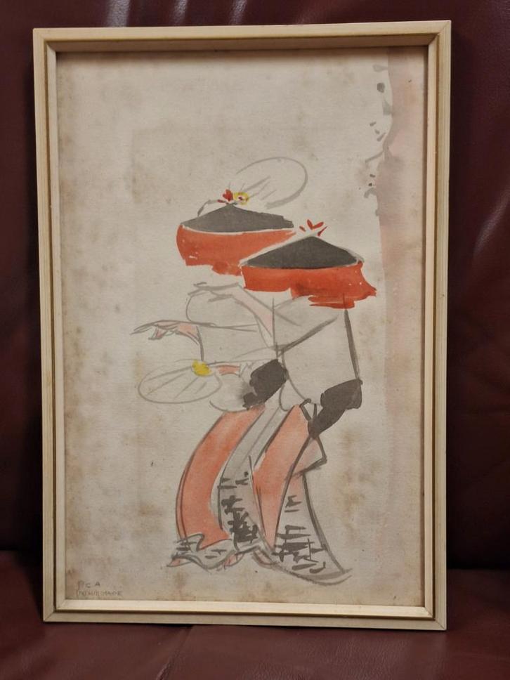 Japanse Aquarel - Geisha's, Antiek en Kunst, Kunst | Tekeningen en Foto's, Ophalen of Verzenden