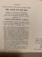 Drs. vd Wolf x v Nijnatten 1913 Breda 1970 Venlo, Ophalen of Verzenden, Bidprentje