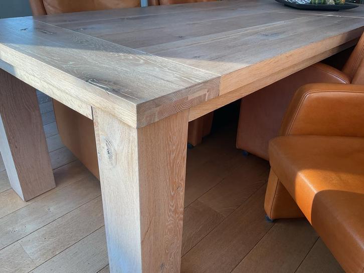 Massief Eiken Tafel + Leren Stoelen, Huis en Inrichting, Tafels | Eettafels, Zo goed als nieuw, 100 tot 150 cm, 200 cm of meer