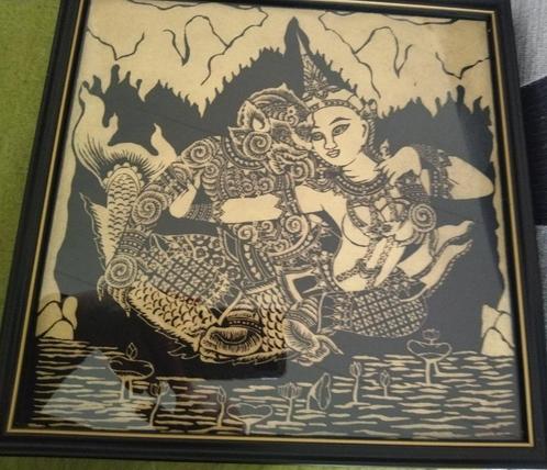 2 mooie schilderingen, stof met goudverf bedrukt, Antiek en Kunst, Kunst | Schilderijen | Klassiek, Ophalen of Verzenden