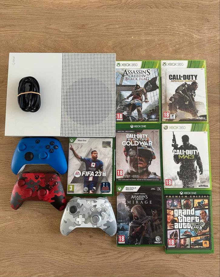 Xbox One S 1TB + Spellen en 3 Controllers!, Spelcomputers en Games, Spelcomputers | Sony PlayStation 1, Gebruikt, Met 3 controllers of meer