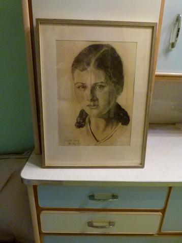 vintage portret meisje 1936  Traudl Lang tekening beschikbaar voor biedingen