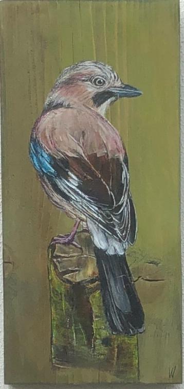 Schilderij Vlaamse gaai op gebruikt hout beschikbaar voor biedingen