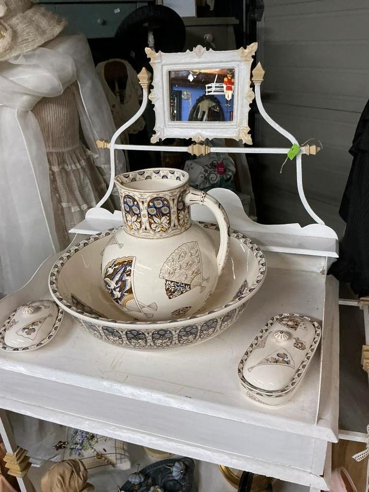 Antiek Frans badmeubel gietijzer smeedijzer met lampet set, Antiek en Kunst, Curiosa en Brocante, Ophalen