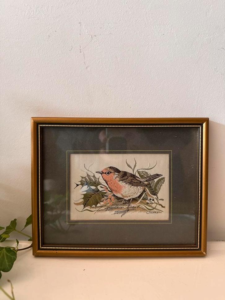 Geweven vogeltje in lijst, Antiek en Kunst, Kunst | Etsen en Gravures, Ophalen of Verzenden