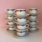 12 Brocante kop en schotels met roze roosje en goud accenten, Ophalen of Verzenden
