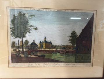 Antieke ingekleurde gravure Leidsebrug Amsterdam 18e eeuw beschikbaar voor biedingen