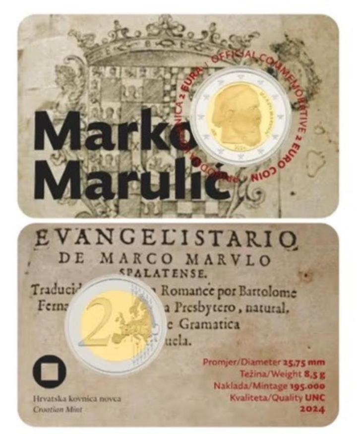 2 euro Kroatië “Sterfdag dichter Marko Marulic’’ UNC 2024, Postzegels en Munten, Munten | Europa | Euromunten, Losse munt, 2 euro