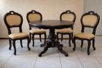 Vintage houten ronde tafel en 4 beklede stoelen, Antiek en Kunst, Antiek | Meubels | Tafels, Ophalen of Verzenden
