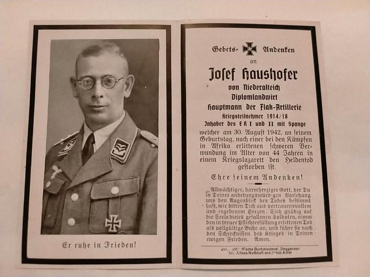 WO2 doodsprentje Hauptmann Flak Afrika 1942 , Ek2 Ek1, Verzamelen, Militaria | Tweede Wereldoorlog, Landmacht, Overige typen, Duitsland