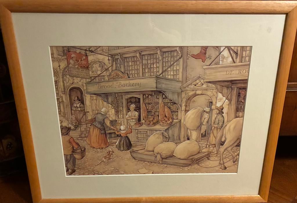 Mooi schilderij met een originele Anton Pieck Plaat., 1980 tot heden, Ophalen of Verzenden, Zo goed als nieuw, Prent